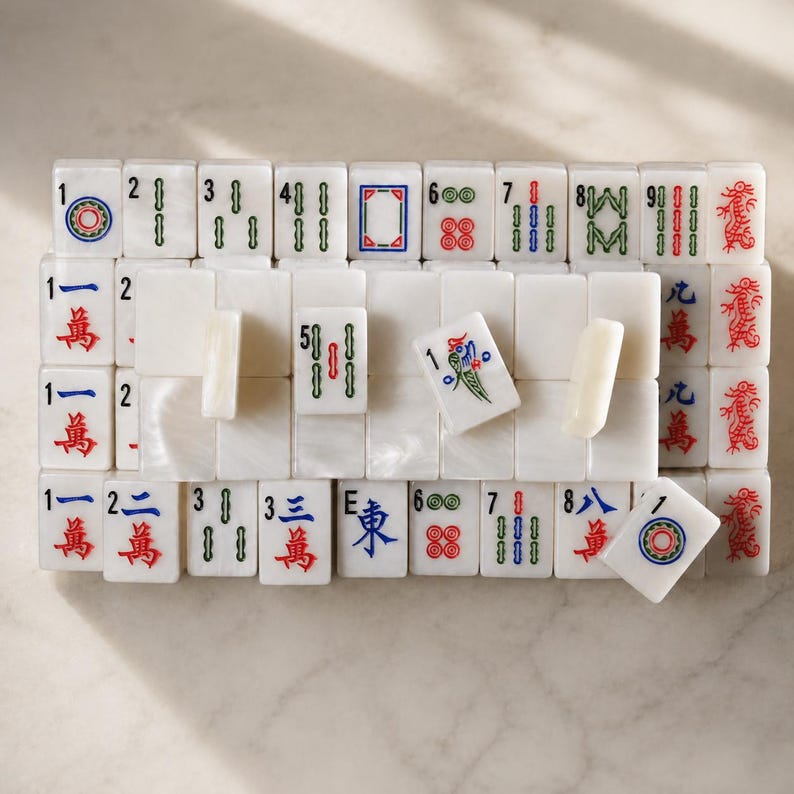 May include: A collection of white rectangular Mahjong tiles arranged in rows. The tiles feature engraved symbols, numbers, and characters in red, green, and blue ink. Some tiles are placed horizontally, while others are upright, displaying various suits.
