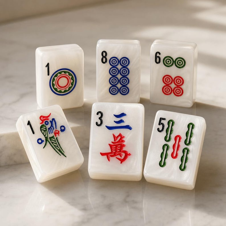 May include: Six rectangular white Mahjong tiles with a marbled finish. The tiles feature engraved symbols and numbers in black, blue, red, and green ink, including a bird illustration, Chinese characters, and circular patterns on the face of each piece.