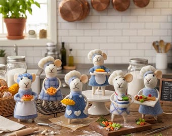Handmade Wool Felt Mouse Chef Collection – Felted Baker & Cook Mice Figurines, Miniature Kitchen Decor, Whimsical Cottagecore Gift