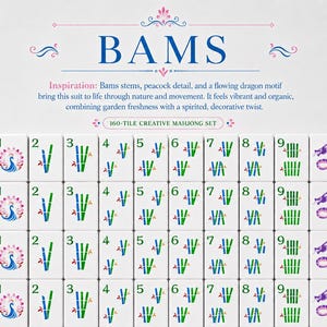 Puede incluir: Un juego de Mahjong creativo de 160 fichas que presenta el palo BAMS. Las fichas muestran los n&uacute;meros del uno al nueve con ilustraciones de bamb&uacute;, pavos reales y dragones en azul, verde, rosa y morado. El texto BAMS y 160-TILE CREATIVE MAHJONG SET es visible.