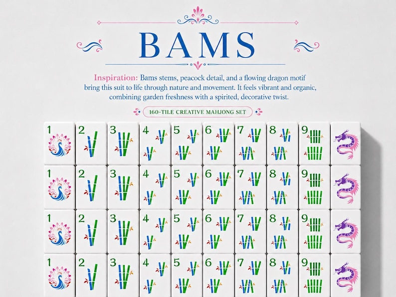 Puede incluir: Un juego de Mahjong creativo de 160 fichas que presenta el palo BAMS. Las fichas muestran los n&uacute;meros del uno al nueve con ilustraciones de bamb&uacute;, pavos reales y dragones en azul, verde, rosa y morado. El texto BAMS y 160-TILE CREATIVE MAHJONG SET es visible.