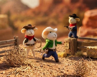 Wollgefilzte Cowboy Maus Set - Wilder Westen Miniatursammlung, Wüstenszene Dekor, wunderliche handgefilzte Tierkunst