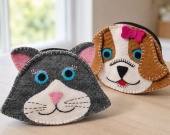 Wollfilz Geldbörse, handgefertigtes buntes Wollfilz-Kartenetui, nachhaltige Wolle, Reißverschluss-Beutel, Filzornament, handgemachte Münze oder Make-up-Tasche