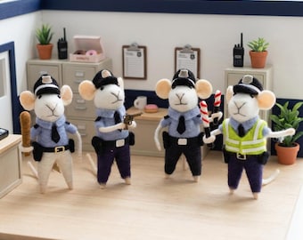 Handgemachte gefilzte Maus-Polizei-Sammlung - kleine Polizisten, Polizei-Helden, Miniatur-Bezirk-Dekor, wunderliche heldenhafte Kunstfiguren