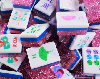 Pink Glitter American Mahjong Set, Acrylfliesen im Rosenquarzstil, Pastellblumenspielset, Geschenk für Mahjong-Liebhaber