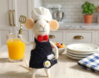 Wollgefilzte Maus aus Filz - Miniatur Küche Dekoration, wunderliche Kochkunst Figur, kleines Gourmet Geschenk, Koch & Bäcker