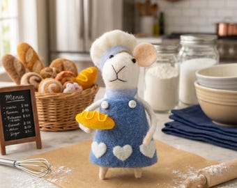 Handgemachte Wollfilz Bäcker Maus - Gefilzter Koch mit Croissant Figur, Miniatur Küche Dekoration, Geschenk für die Küche