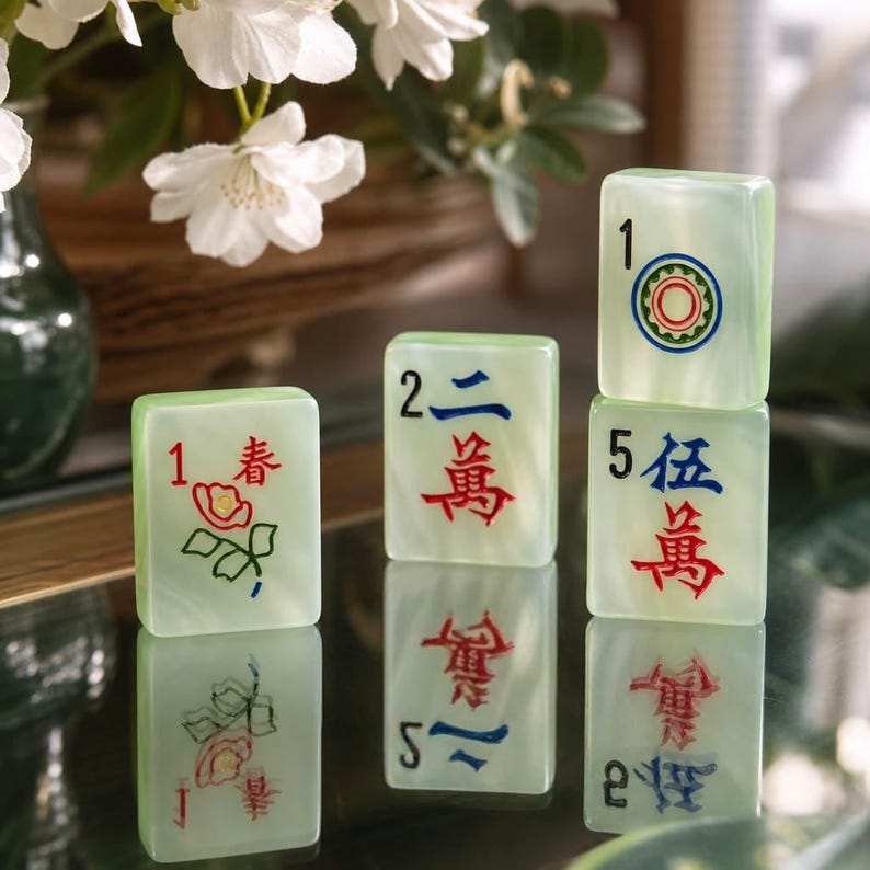 Glitter American Mahjong Set, Jade green Quartz Style Acrylic Tiles, Pastel Floral Game Set, Gift for Mahjong Lovers image 4