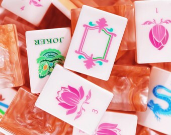 Fließende Wolke Koralle Orange Perlglanz Amerikanisches Mahjong Set, Marmor Acrylfliesen, Drachen Mahjong Spiel Set, Geschenk für Mahjong Liebhaber