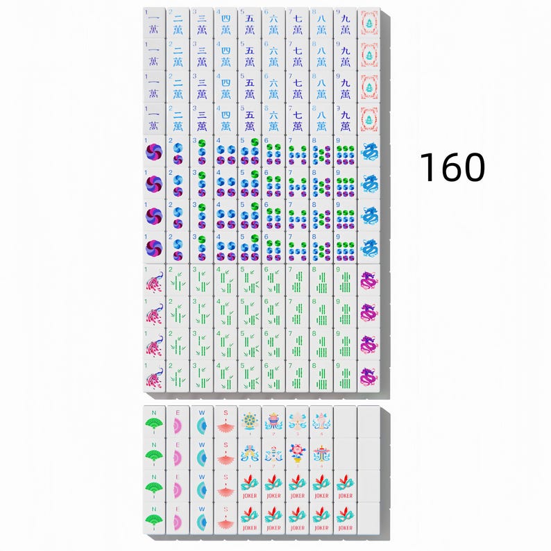 May include: A set of 160 white mahjong tiles arranged in a grid. The tiles feature various colorful symbols, Chinese characters, numbers, and suit icons including dots, bamboo, and characters. The bottom row includes directional tiles and joker tiles.