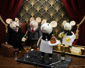 Nadel gefilzte Sensationelle Mäuse Set, Mini Bar Figuren, Art Deco Lounge Dekor, Cocktail Maus, Puppenhaus Buchecke Geschenk