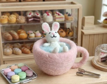Handmade Wool Felted Bunny in Pink Teacup - Cute Rabbit Coffee Shop Figurine, Whimsical Desk Companion & Birthday Gift
