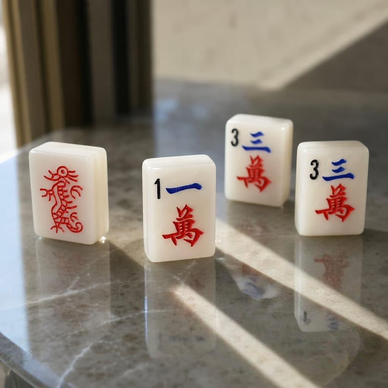 May include: Four off-white rectangular mahjong tiles standing upright. One tile features a red dragon design, one displays the number 1 with Chinese characters, and two tiles show the number 3 with Chinese characters in red and blue ink.