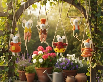 Handmade Wool Felted Garden Mouse Swing Collection – Miniature Hanging Mouse Ornaments, Whimsical Garden Decor, Spring Fairy Tale Gift