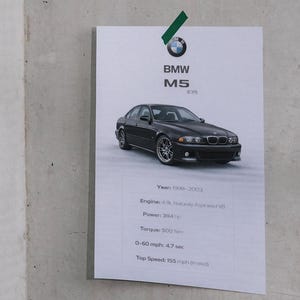 Póster del BMW M5 E39 / Impresión del motor V8 de 4,9 L de aspiración natural / Arte mural automovilístico de coleccionista / Sedán de alto rendimiento clásico