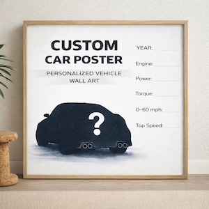 May include: A framed custom car poster with the text "CUSTOM CAR POSTER" and "PERSONALIZED VEHICLE WALL ART". The poster features a dark blue car silhouette with a question mark and space for vehicle details.