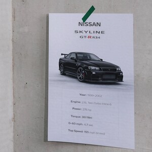 Peut inclure: Une carte blanche présente une voiture noire Nissan Skyline GT-R R34. La carte affiche des informations telles que l'année (1999-2002), le moteur (2.6L Twin-Turbo Inline-6), la puissance (276 ch) et la vitesse maximale (155 mph).