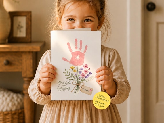 GERMAN Birthday card for Mama, Oma, Tante from child, Happy Birthday handprint craft card, "Alles Gute zum Geburtstag" card German speaker