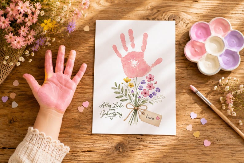 May include: A white rectangular card featuring a pink handprint at the top, which serves as the flower head for a bouquet of illustrated wildflowers. The text "Alles Liebe zum Geburtstag" is printed on the left, and a tag labelled "Luca" is attached.