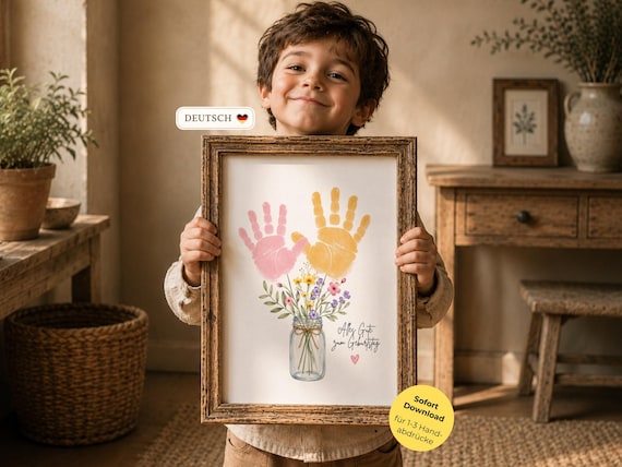 GERMAN Birthday handprint flower bouquet template for Mama, for Oma, auntie, Alles Gute zum Geburtstag DIY gift, handprint art craft Deutsch