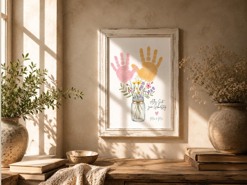 Op de afbeelding: Ingelijste kunstdruk met roze en gele handafdrukken boven een aquarelpot met bloemen. De print bevat de tekst "Alles Gute zum Geburtstag" en "Mama & Papa" in zwart schrift, tegen een neutrale achtergrond.