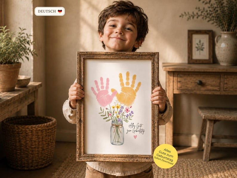 Op de afbeelding: Een ingelijste print met roze en gele handafdrukken, een bloemstuk in een pot en de tekst "Alles Gute zum Geburtstag". De print wordt vastgehouden door een kind.