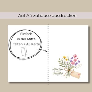 May include: A printable A4 greeting card template featuring a watercolour bouquet of yellow, pink, and purple flowers tied with a bow and a gift tag. The text reads "Auf A4 zuhause ausdrucken" and "Einfach in der Mitte falten = A5 Karte" and "Alles Liebe zum Geburtstag".