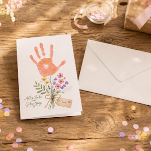 GERMAN Birthday card for Mama, Oma, Tante from child, Happy Birthday handprint craft card, "Alles Gute zum Geburtstag" card German speaker image 2