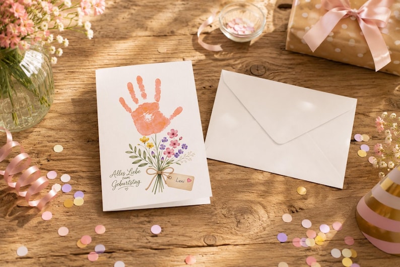 GERMAN Birthday card for Mama, Oma, Tante from child, Happy Birthday handprint craft card, "Alles Gute zum Geburtstag" card German speaker image 2