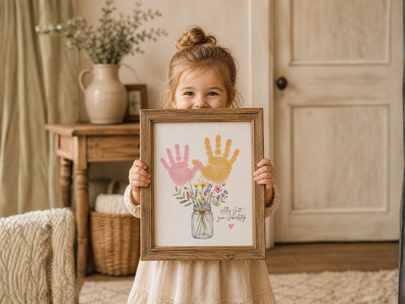 Op de afbeelding: Een houten lijst met twee handafdrukken, roze en geel, boven een bloemstuk in een pot. De tekst luidt "All my love, your Grandbaby". De lijst is van hout.