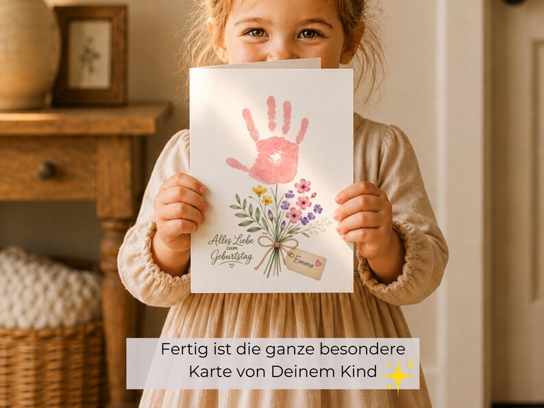 May include: A white greeting card featuring a pink handprint shaped like a flower blossom atop a bouquet of green stems, yellow, pink, and purple flowers. The text reads Alles Liebe zum Geburtstag and a small tag is labelled with the name Emma.