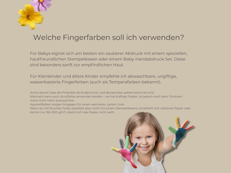 Op de afbeelding: Een lachend meisje houdt haar handen omhoog, beschilderd met kleurrijke vingerverf. De afbeelding bevat Duitse tekst en bloemen. De tekst vraagt: "Welke vingerverf moet ik gebruiken?"
