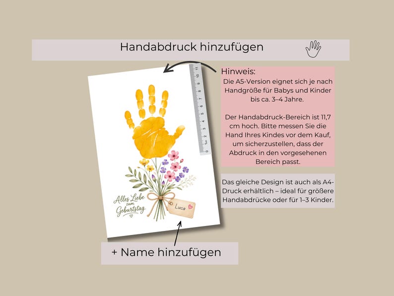 May include: A white rectangular print featuring a yellow handprint above a bouquet of colourful flowers. A ruler is visible on the right side, showing a measurement of 11.7 cm. The text reads Alles Liebe zum Geburtstag and Luca.