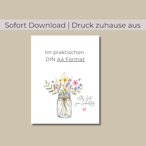Op de afbeelding: Een digitale print met een aquarel illustratie van een boeket wilde bloemen in een weckpot vastgebonden met touw. De tekst luidt "Alles Gute zum Geburtstag" met een klein roze hart. De print is in A4-formaat.