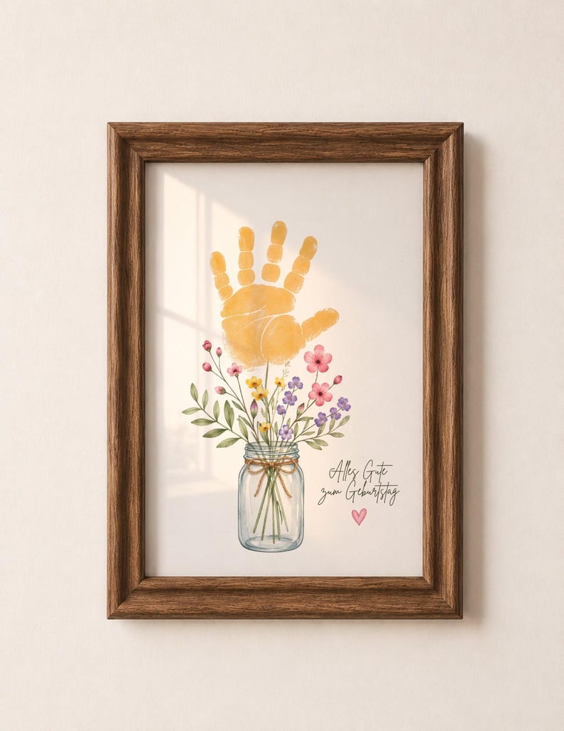 Op de afbeelding: Een ingelijste print met een gele handafdruk boven een pot gevuld met kleurrijke bloemen. De pot is vastgebonden met touw. De print bevat de tekst "Alles Gute zum Geburtstag" en een roze hart.