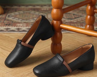 Retro Square Toe Thick Heel Flats, Synthetic Leather Slip-On Dress Shoes