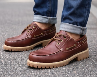 Men’s Leather Boat Shoes, Handmade Casual Loafers, Classic Deck Shoes, Comfortable Everyday Footwear
