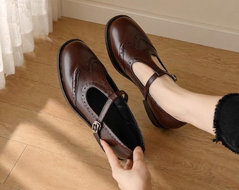 Women’s Mary Jane Shoes Round Toe Leather Flats T Strap Comfort Casual Loafers Everyday Shoes