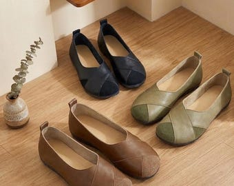 Women’s Soft Leather Flats – Comfortable Slip-On Shoes, Round Toe Non-Slip Casual Loafers, Lightweight Everyday Mom Shoes