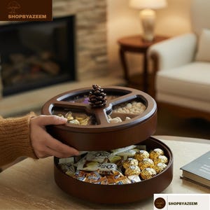 Puede incluir: Una bandeja de servir de madera marrón oscuro de dos niveles con una piña encima. La capa superior tiene compartimentos transparentes llenos de nueces y caramelos. La capa inferior está llena de bombones envueltos.