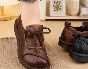 Women’s Soft Leather Flats – Comfortable Retro Slip-On Shoes, Round Toe Casual Loafers, Low Heel Everyday Shoes for Women