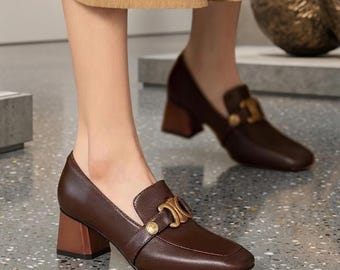 Mocassini da donna con tacco grosso, scarpe in pelle a punta quadrata, comode scarpe da lavoro slip-on, scarpe da ufficio in classico stile britannico