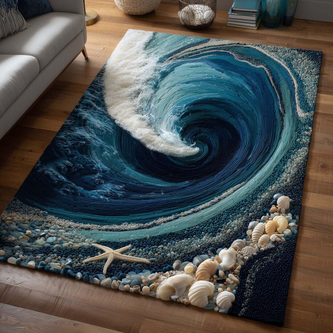 3docean Rugs 3D Ocean Wave Area Rug, Realistic Blue Swirl Beach Floor Mat, Coastal ...