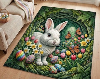 Easter Bunny Garden Area Rug, Spring Rabbit Floor Rug, Cute Bunny Easter Decor, Floral Rabbit Carpet, Kids Room Bunny Rug