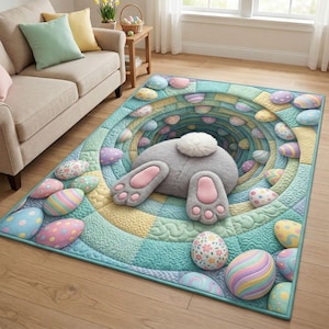 May include: A rectangular Easter-themed rug with a whimsical design. The rug features a rabbit's rear end and paws, surrounded by colorful Easter eggs. The color palette includes pastel shades of blue, green, yellow, and pink.
