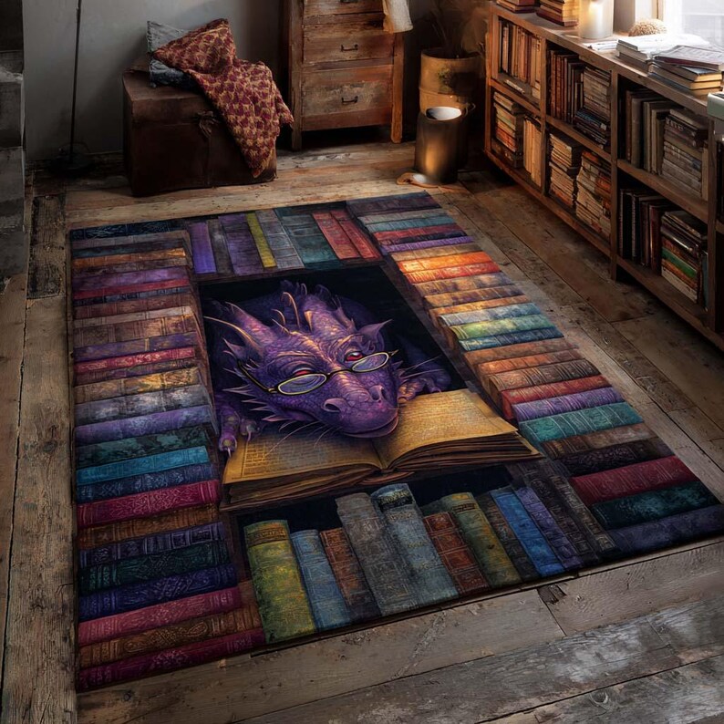 3D Book Dragon Area Rug, Library Optical Illusion Floor Mat, Book Lover ...