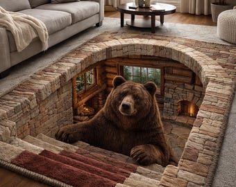 Bear Cave Illusion Area Rug, 3D Bear Cabin Carpet, Rustic Woodland Animal Rug, Cozy Lodge Floor Rug, Cabin Decor Rug, Nature Lover Gift