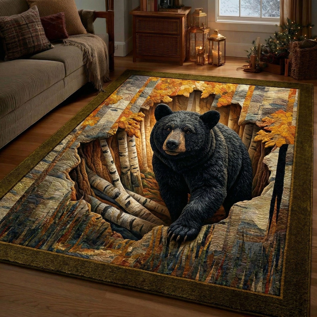 Bear Den Rug Black Bear Forest Area Rug, Rustic Cabin Bear Rug, Woodland Wildlife ...
