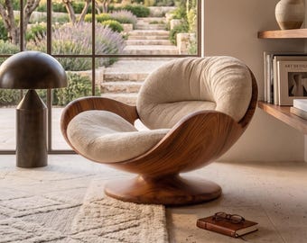 Sculptural Walnut Lounge Chair, Cream Boucle Upholstery, Modern Swivel Accent Chair