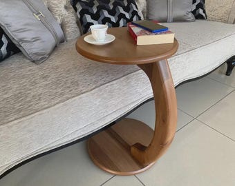 Walnut C-Shape Laptop Table: Modern Rolling Couch End Table with Wheels